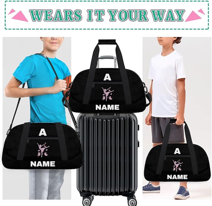 Personalize-Kids-Sports-Duffel-Bags With Custom Name Text Carry-On Overnight Travel Gym Lightweight Dance Pattern Sports Bags For Girls Boys Kids,Black