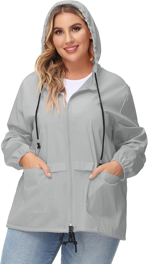 Avoogue Plus Size Raincoat Women Waterproof Rain Jacket Packable Outdoor Hooded Windbreaker