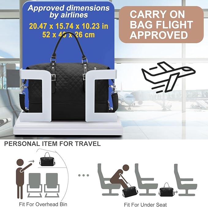 Travel Duffel Bag, Weekender Overnight Bag for Women with Trolley Sleeve, Carry On Bag for Airplanes Sport Tote Gym Bag with Shoes Compartment.(Black)