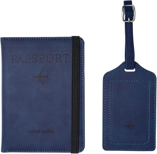 Luggage Tag and Passport Holder Set,Passport Cover with Card Slot and Boarding Pass Slot Combo,Passport Travel Must Have, Waterproof and Scratch Resistant Travel Accessories（Dark Blue）