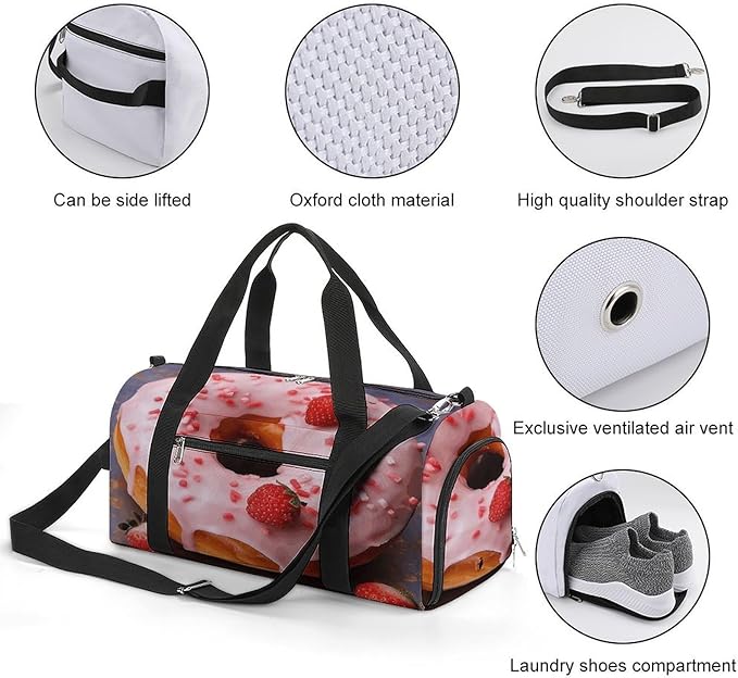 Strawberry Donut Gym Bag Lightweight ，Travel Duffle Bag with Shoe Compartment，Gym Bag for Women for Overnight, Weekend, Yoga, Gym, Business Trips, Sport And Hospital.