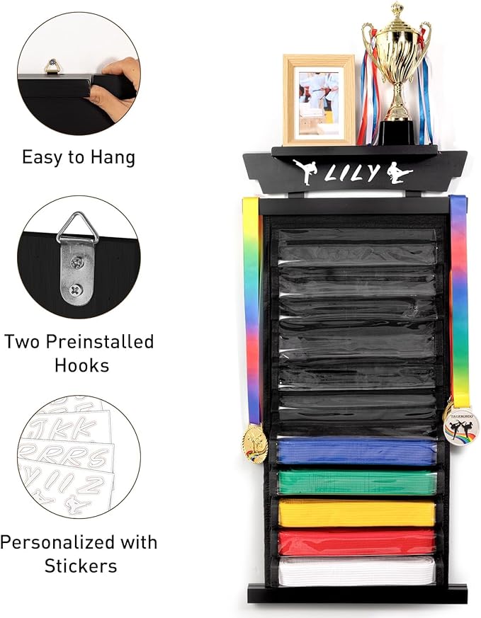 Tilhumt 10/12 Belts Karate Belt Display Rack with Photo Shelf, Felt Taekwondo Belt Display Rack Martial Arts Belt Display for Adults TKD, BJJ