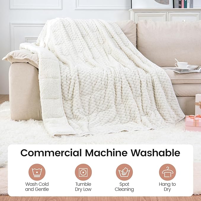 Super Fuzzy Soft Fleece Sherpa Weighted Blanket 20 lbs for Adults, 3D Imitation Turtle Shell Luxury Weighted Throw for Better Sleep, Dual Sided Cozy Blankets for Couch Bed, Cream White, 60" x 80"