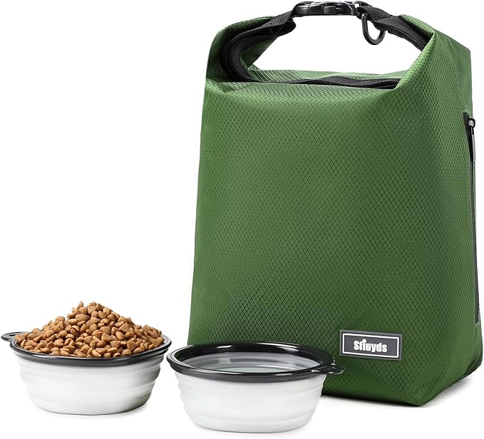 Dog Food Travel Bag Pet Food Container2PCS Collapsible Dog Travel Bowls and Zipper Side Pocket 20L (Green, Large)