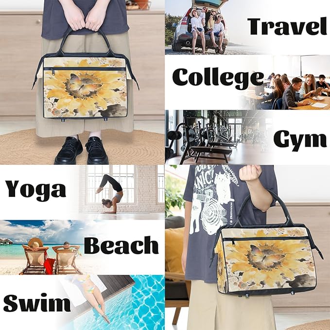 Travel Gym Carrying Bag - Boho Watercolor Sunflower Overnight Weekender Bag for Women Men Girls - Shoulder Large Capacity Tote Bag for Travel, Yoga, School,Mommy Hospital Bag for Labor and Delivery