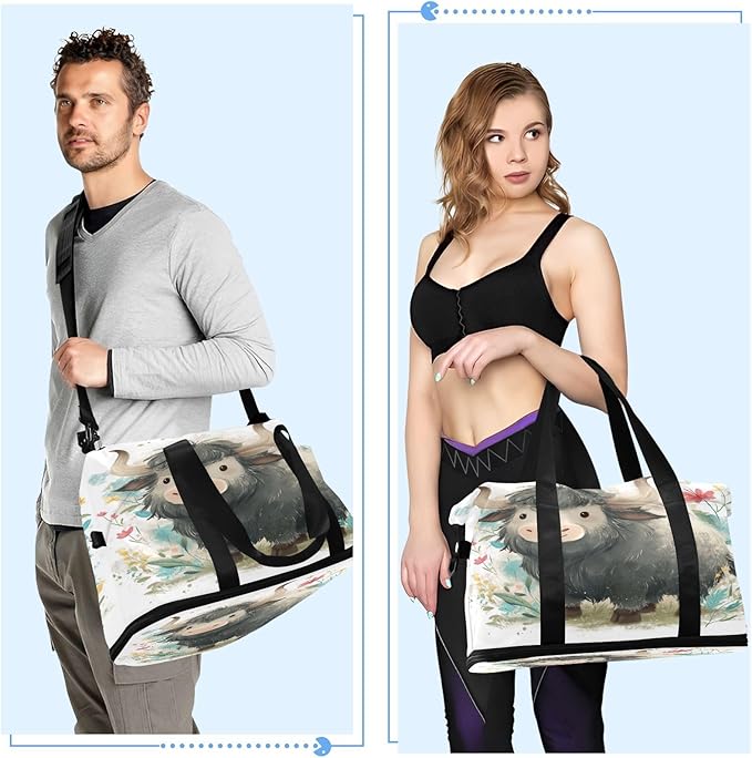 Travel Duffel Bags for Women Cute Gray Yak with Wildflowers Sports Duffel Bags Gym Bags with Shoes Compartment Tote Bag Weekender Bag for Travelling