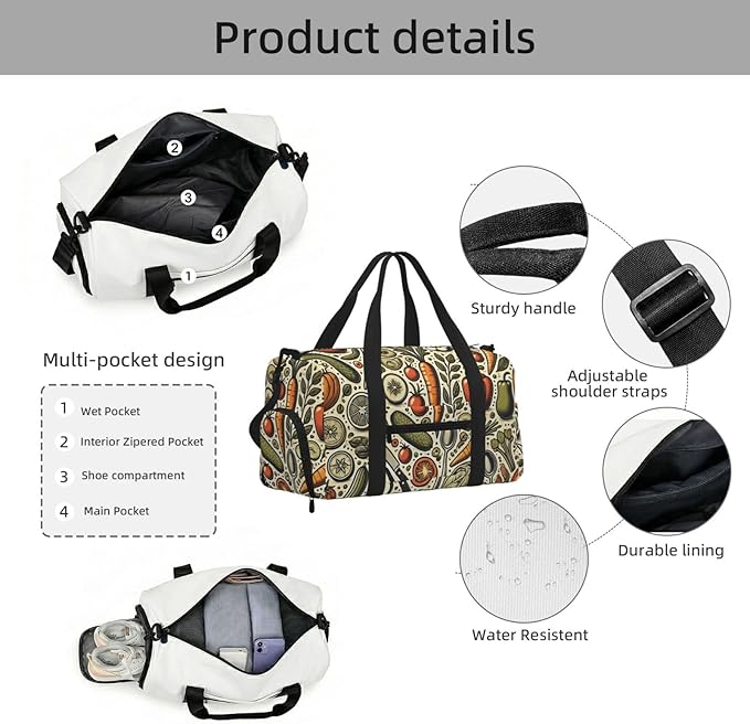 Fresh Vegetables Print Gym Bag with Shoe Compartment for Women Men, 17.7in Sports Duffle Weekender Tote, Overnight Travel Duffel Bag Carry On
