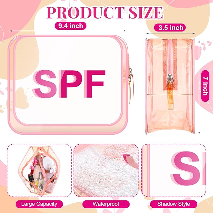 Spf Clear Makeup Bag 9.5" x 7" x 3.5" Pink Beach Pouch Large Waterproof Travel Toiletry Cosmetic Bag PVC Transparent Zippered Organizer for Women Girl Summer