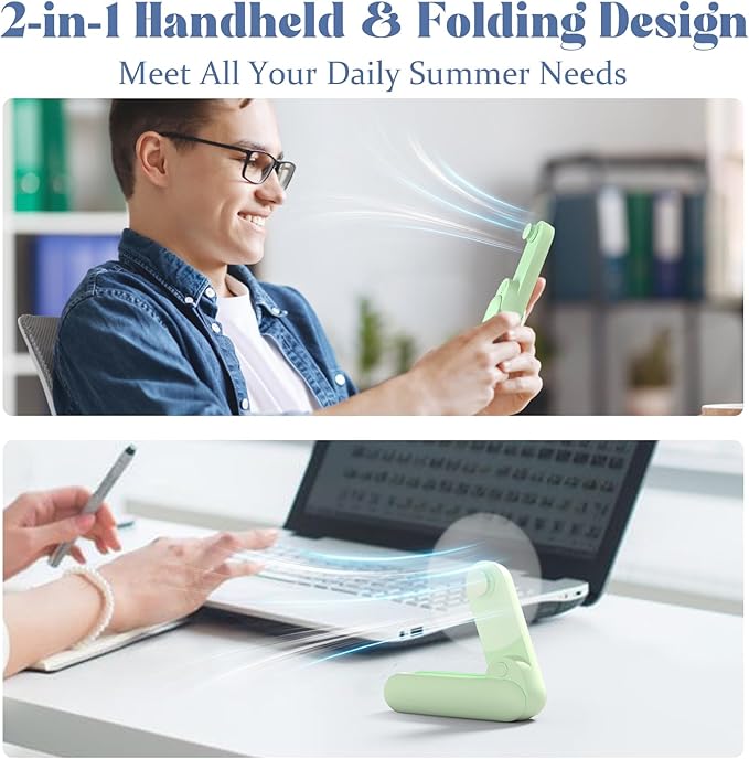 Portable Handheld Fan, 2 IN 1 Mini Hand Fan, Battery Operated [8-15 Working Hours], USB Rechargeable Personal Foldable Fan for Indoor, Small Pocket Fans Travel Essentials for Outdoor (Green)