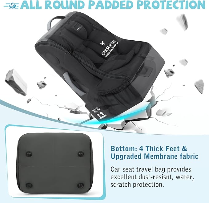 RAINSMORE Car Seat Travel Bag for Airplane Padded Carseat Backpack Heavy-duty Car Seat Cover for Air Travel Infant Car Seat Carrier Bag with Shoulder & Waist Strap, Fits Most Car Seat & Booster Seats