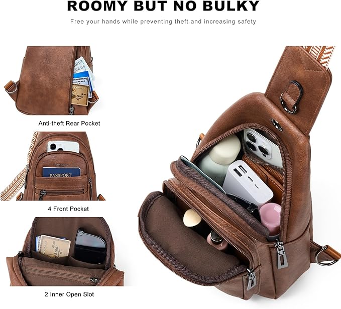 7L Sling Bag for Women Vegan Leather Crossbody Purse Chest Bags Fashionable Trendy Fanny Pack with Travel, Brown