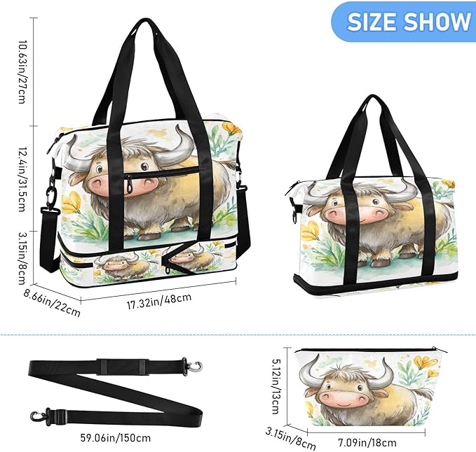 Travel Duffel Bags for Women Cute Cartoon Yak with Wildflowers Sports Duffel Bags Gym Bags with Shoes Compartment Tote Bag Weekender Bag for Travelling