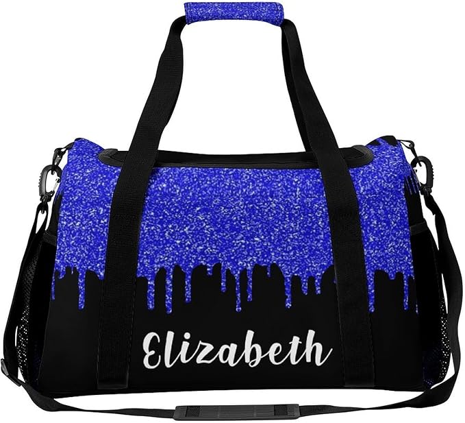Handheld Crossbody Multifunctional Travel Bags, Personalized Duffle Bags, Sparkle Navy Blue Glitter Print Luggage Bag, Custom Name Weekender Overnight Bags