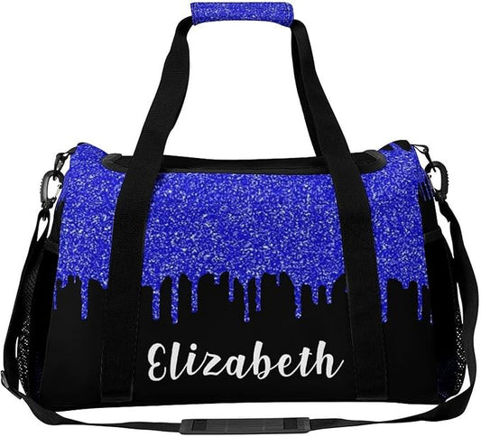 Handheld Crossbody Multifunctional Travel Bags, Personalized Duffle Bags, Sparkle Navy Blue Glitter Print Luggage Bag, Custom Name Weekender Overnight Bags