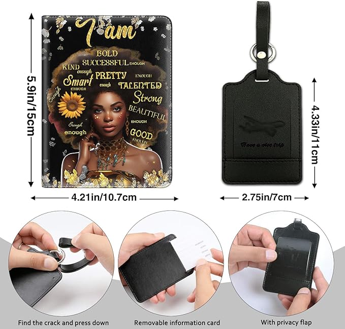 Passport Holder Women Wallet with Luggage Tag, Leather Passport Cover with RFID Blocking, Travel Accessories Multi Card Slot Passport Case for Men，African American Women