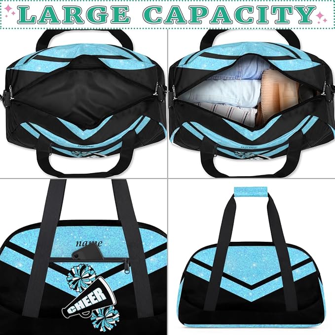 Custom Name Black Blue Cheerleading Gym Travel Duffle Bag with Front Zipper Pocket Personalizedfor Sports Bag for Overnight, Weekender, Carry On,Workout & Dance, 18.9 * 8.7 * 10.6 in