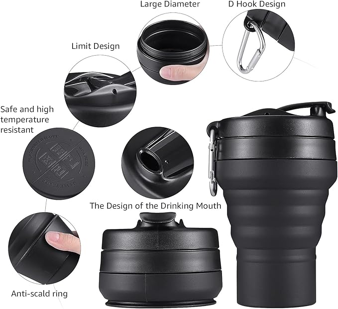 Collapsible Coffee Cup, 16 OZ 480ml Silicone Travel Folding Cup, Leak Proof BPA Free Portable Cup, Travel mug with Lids for Camping hiking