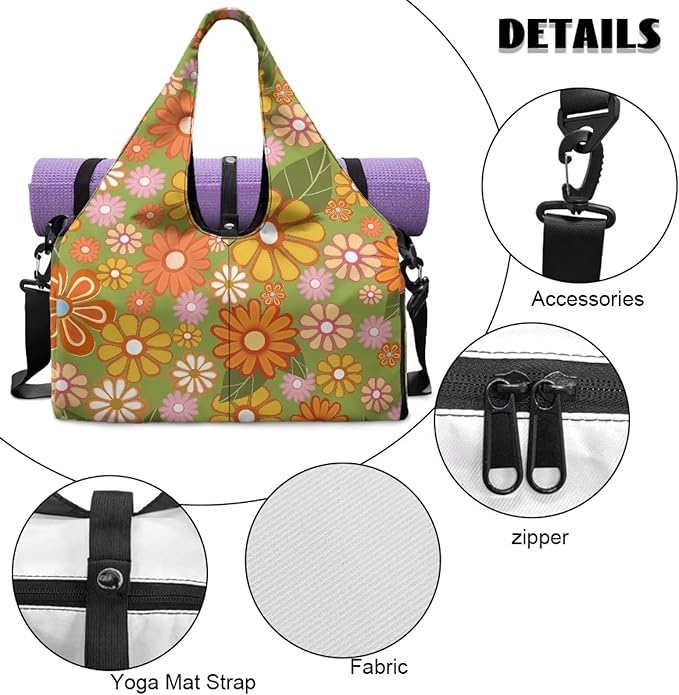 Floral Womens Gym Bag with Yoga Mat Holder and Shoe Compartment, Waterproof Portable Green Sport Tote Bag for Women with Spacious Wet Pockets Gym Bag for Daily Use