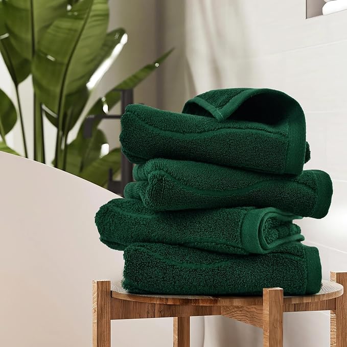 Jacquotha 4-Piece Hand Towels Set in Forest Green, Wavy Striped Jacquard Towels for Bathroom Kitchen Gifts (13x29 Inches, 100% Cotton)