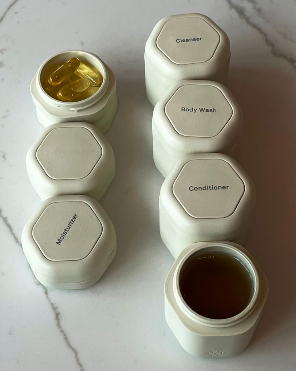 Cadence Travel Containers - Daily Routine Capsule Set - Magnetic Containers with Lids,4 Flex Mediums (1.32oz) & 3 Flex Smalls (0.56oz) - Shampoo, Conditioner, Body Wash, Pills, & More - Sand