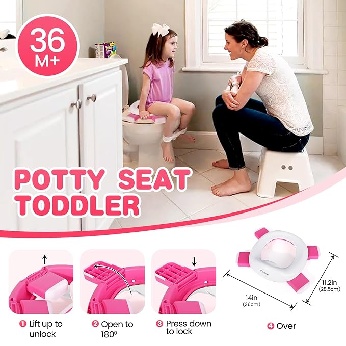 Orzbow Portable Potty Training Toilet, Travel Potty Seat for Toddler Boys Girls with Splash Guard, Potty Training Essentials, Foldable, Includes Free Travel Bag and 40 Liners, Indoor/Outdoor Use, Pink