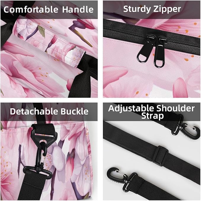 Gym Bag for Women Men, Pink Cherry Blossom Pattern Travel Duffle Bags for Dance Ballet Overnight, Carry-On Weekender Bag with Detachable Shoulder Strap