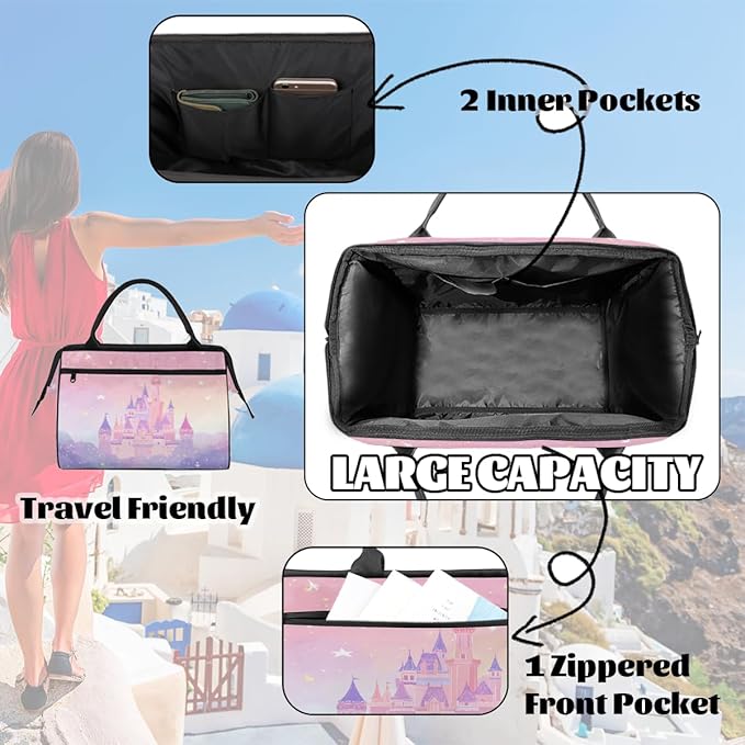 Cute Pink Purple Castle Travel Duffel Bag, Waterproof Sports Gym Duffle Bag, Large Capacity Weekender Carry On Overnight Bags for Women Men