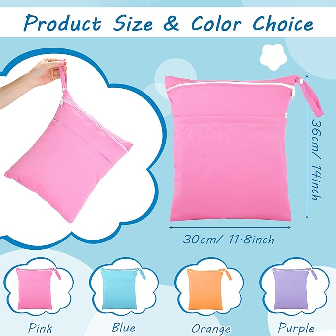 Shappy 4 Pcs Wet Dry Bag for Baby Cloth Diapers Waterproof Wet Bag Washable Travel Reusable with 2 Pocket for Swimsuits for Yoga Gym Travel Beach Pool(Blue, Purple, Pink, Orange)