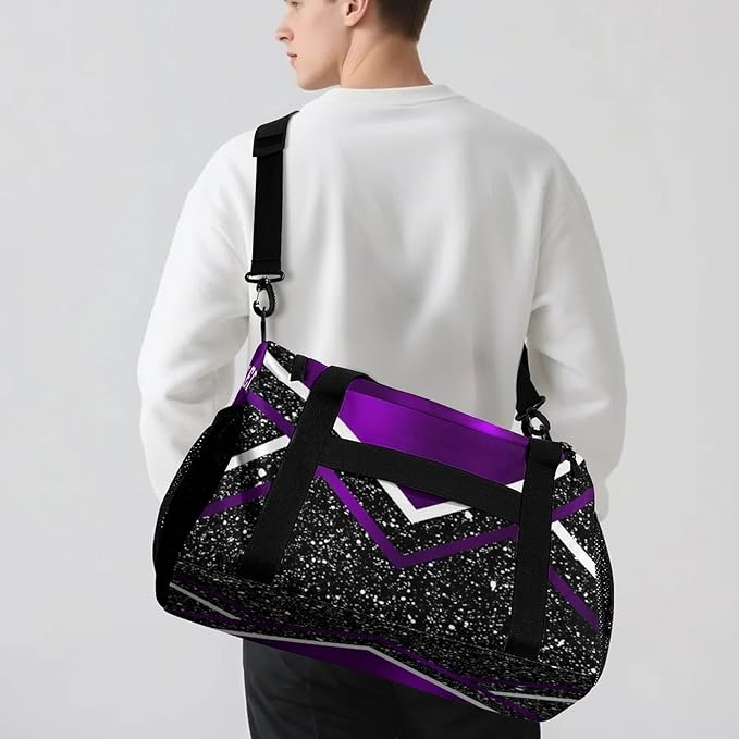 Custom Cheerleader Purple Cheering Black White Duffel Bag with Name Adjustable Shoulder Strap Pack Handheld Crossbody Travel Bag for Teens Men Women