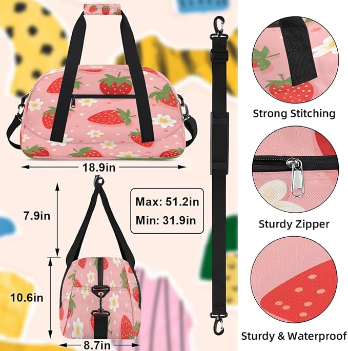 Duffle Bag for Women Men, Pink Strawberry Flower Print Gym Bag for Travel Sports, Lightweight Waterproof Weekender Overnight Bags with Adjustable Strap