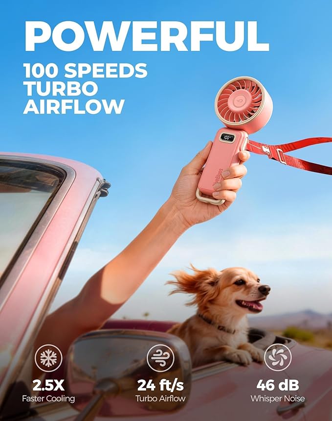 Diveblues Portable Turbo Fan, 7.4m/s High Speed Handheld Fan, 180° Foldable 4-in-1 Personal Neck Fan with Carabiner Clip, 100 Speed Stepless Control, USB-C Rechargeable for Travel, Makeup Hot Flashes