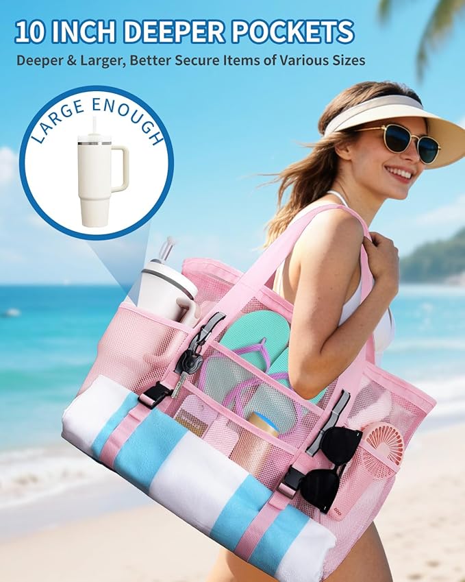 WANDF Mesh Beach Bag for Women, Large Beach Tote Bags with 40oz Tumbler Side Pockets, Family Pool Bag for Swim Toys Towels Cruise Vacation Essentials (Pink) | Breathable