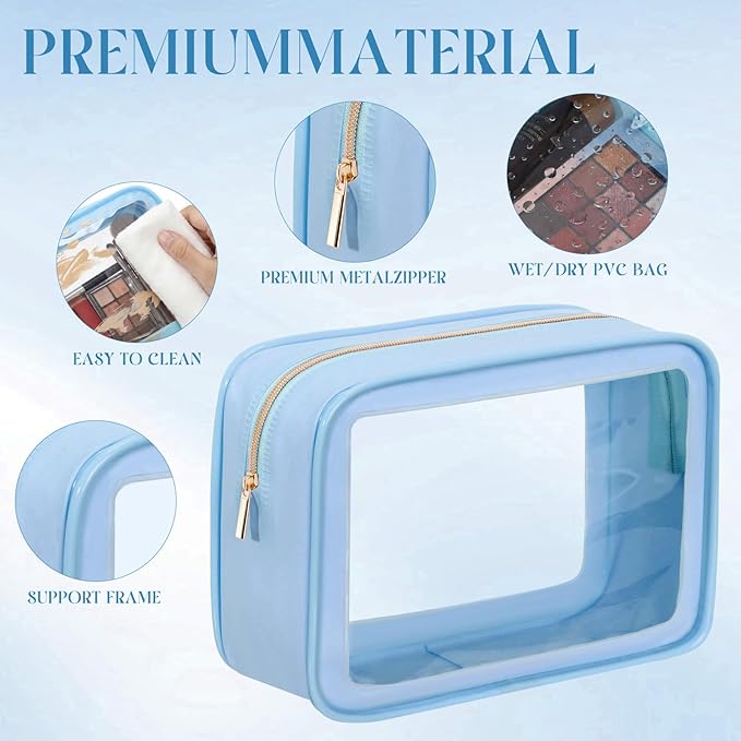 Hsei 6 Pcs Clear Makeup Bags with Color Edged TSA Approved Travel Toiletry Bags with Zipper Clear Cosmetic Bag Diaper Bag for Car Storage Organizer Wedding Essentials for Women Gift(Blue)