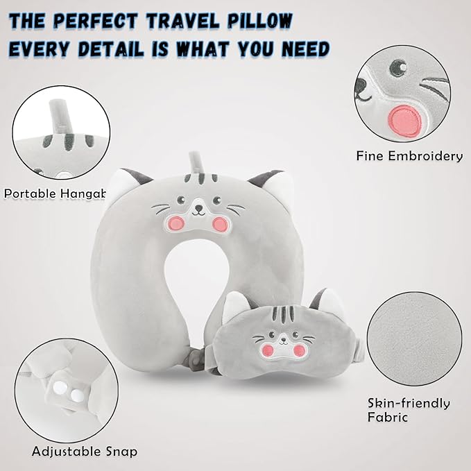 Travel Pillow, Kids Travel Pillow with Sleep Eye Mask Soft Memory Foam Kids Neck Pillow for Boys & Girls, Travel Accessories for Car Airplane Traveling - Grey Cat