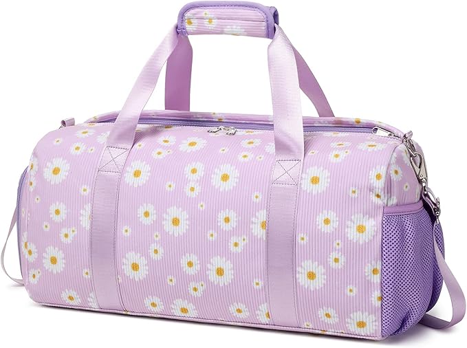 Dance Ballet Bag for Girls Teen Travel Duffel Sports Gym Yoga Cheer Weekender Corduroy Daisy Dance Bags with Shoe Compartments（purple daisy）