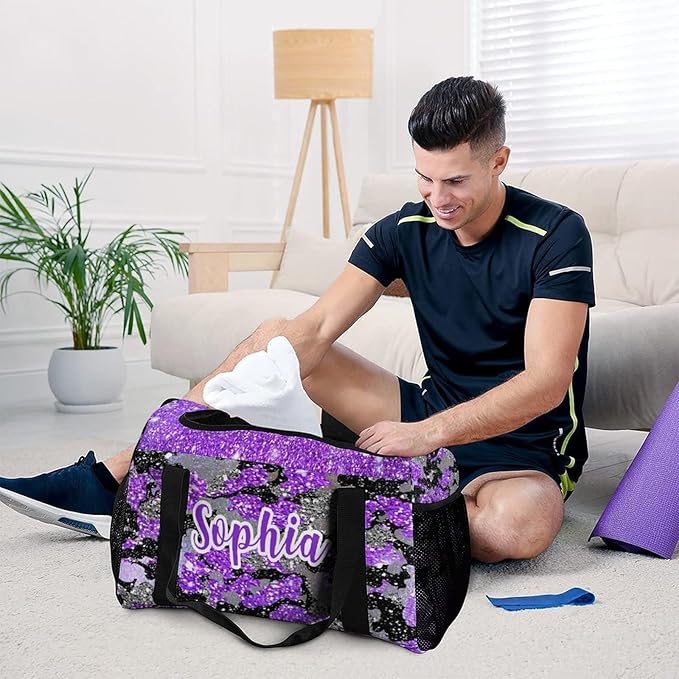 Purple Camo Bling Glitter Print Tote Bag, Customized Duffel Bags Weekender Overnight Bag Travel Bag Personalized Gift Gym Bags Luggage Bag