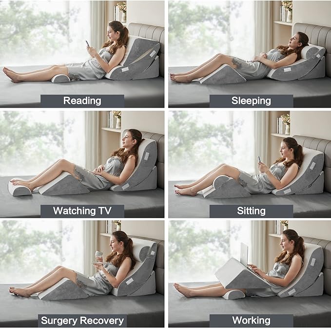 Ganaver 4pcs Orthopedic Bed Wedge Pillow Set Post Surgery Relaxing Back Adjustable Head Support Cushion Triangle Memory Foam Pillow for Acid Reflux Sleeping Reading Leg Elevation Snoring