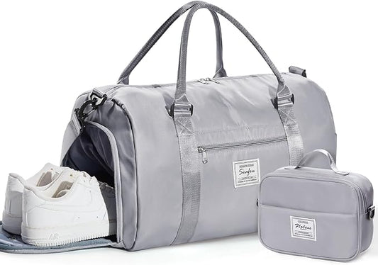 Gym Bag Womens Mens with Shoes Compartment and Wet Pocket Travel Duffel Bags for Women for Plane Sport Gym Tote Bags with Toiletry Bag Waterproof Weekend Overnight Carry on Bag Hospital Holdalls