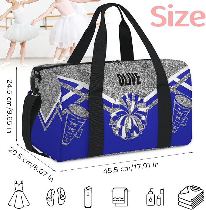 Personalized Cheerleading Dance Bag, Custom Small Sport Weekender Sleepover Travel Duffel Bag, Silver Grey Glittering with Navy Blue Cheer Theme