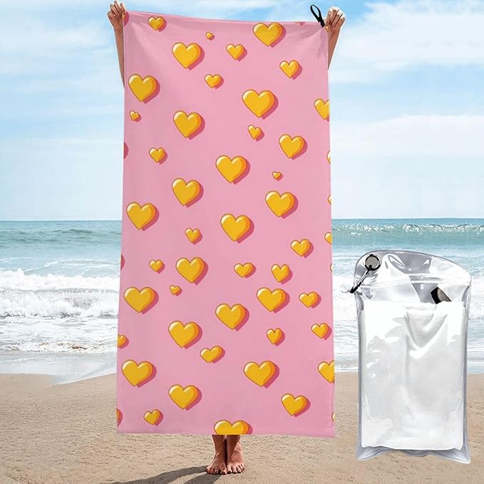 Yellow Hearts On Pink Sand Free Beach Towel – 27.5"X55" Quick Dry Microfiber Beach Towels For Travel, Swimming, Pool, And Camping, Absorbent And Compact Beach Essential For Women, And Men