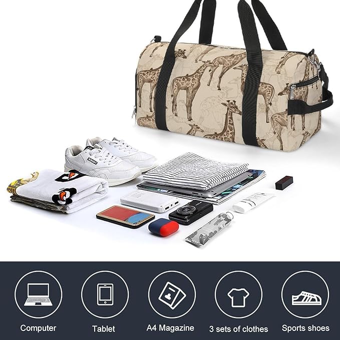 Oxford Cloth Hand Drawn Giraffes Gym Bag,Duffle Bag with Shoes Compartment And Adjustable Shoulder Straps，Weekender Bags for Men Women.