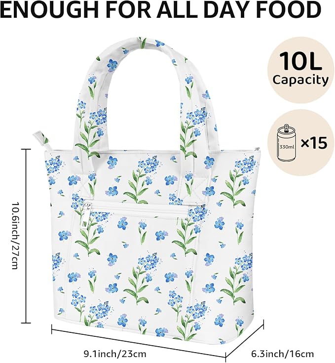 Tote Lunch Bag Women Stylish Quilted Lunch Boxes for Adult Fit and Fresh Cooler Insulated Lunchbox for Work Large 10 Liters Cute Compact Lunchbag Waterproof Blue Floral