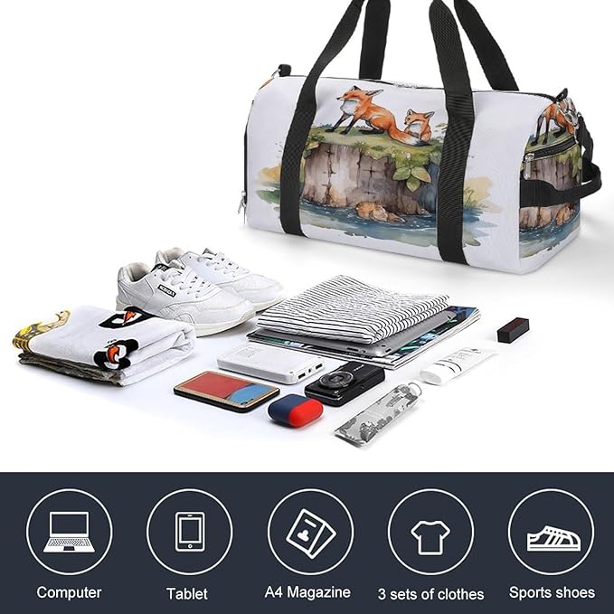 Oxford Cloth Hand Drawn Fox Gym Bag,Duffle Bag with Shoes Compartment And Adjustable Shoulder Straps，Weekender Bags for Men Women.
