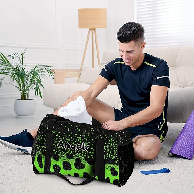 Green Leopard Bling Print Personalized Travel Bag with Name for Women Men Custom Duffel Bag Weekender Bags Sports Tote Gym Bags