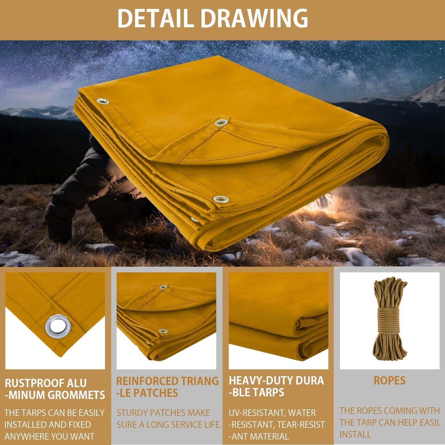 FoundGo 20x30ft Canvas Tarp 22 Mil Tarps 14 oz Canvas Tarpaulin Heavy Duty Cloth Water/UV Resistant Cover with Rustproof Grommets & Ropes for Cars,Roofs,Boats,Camps,Sunshades，Moisture Barrier -Tan