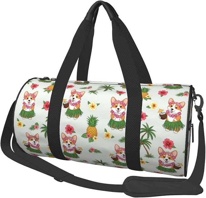 Travel Sports Gym Bag Duffel Sports Bags Hawaiian Tropical Summer Corgis Pineapple Palm for Women or Men Training Swim Yoga