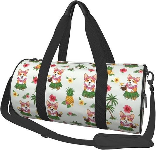 Travel Sports Gym Bag Duffel Sports Bags Hawaiian Tropical Summer Corgis Pineapple Palm for Women or Men Training Swim Yoga