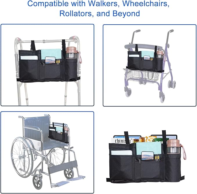 Upgrade Walker Bag with Soft Cooler & Cup Holder,Walker Accessories Walker Bags For Folding Walker,WalkerBaskets,Cup Holder For Walker,Rollator Bag With Cup Holder, Basket For Walker (Black-Upgrade)