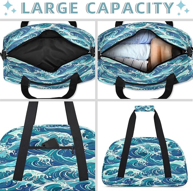 Blue Ocean Wave Pattern Sports Duffel Bags, Water-Resistant Gym Duffle Bag for Men Women, Lightweight Weekender Overnight Bag for Fitness, Workout, Travel