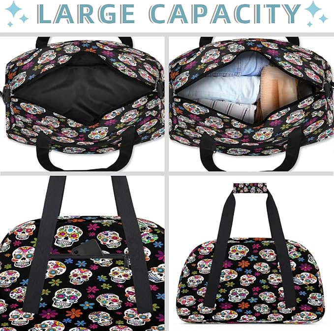Travel Duffle Bag, Colorful Sugar Skull Pattern Waterproof Weekender Overnight Bags for Women Men Lightweight Carry on Duffle Gym Bag for Travel, Sports, Fitness, Workout
